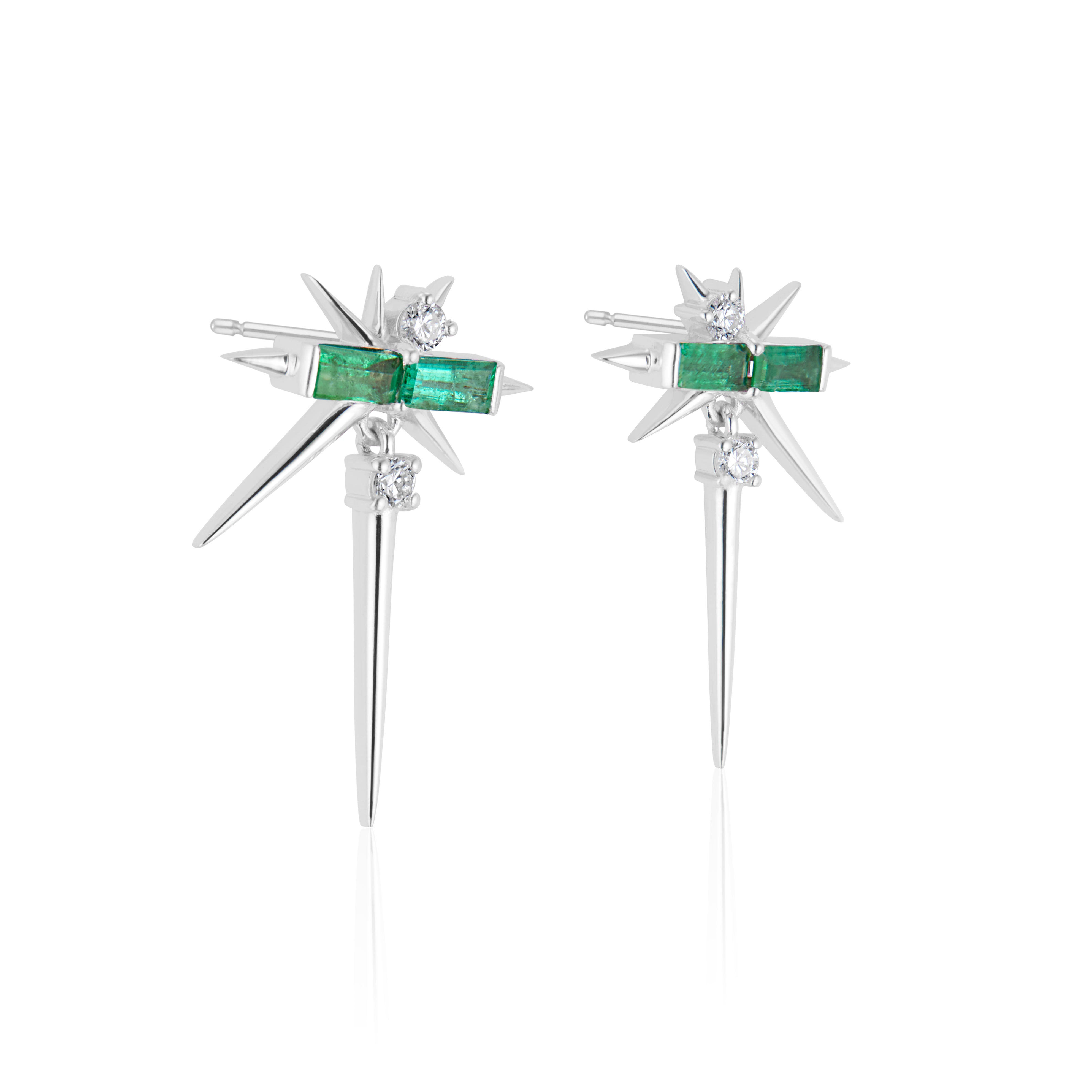 Pair of star-shaped silver earrings with green rectangular gemstones and small diamonds.