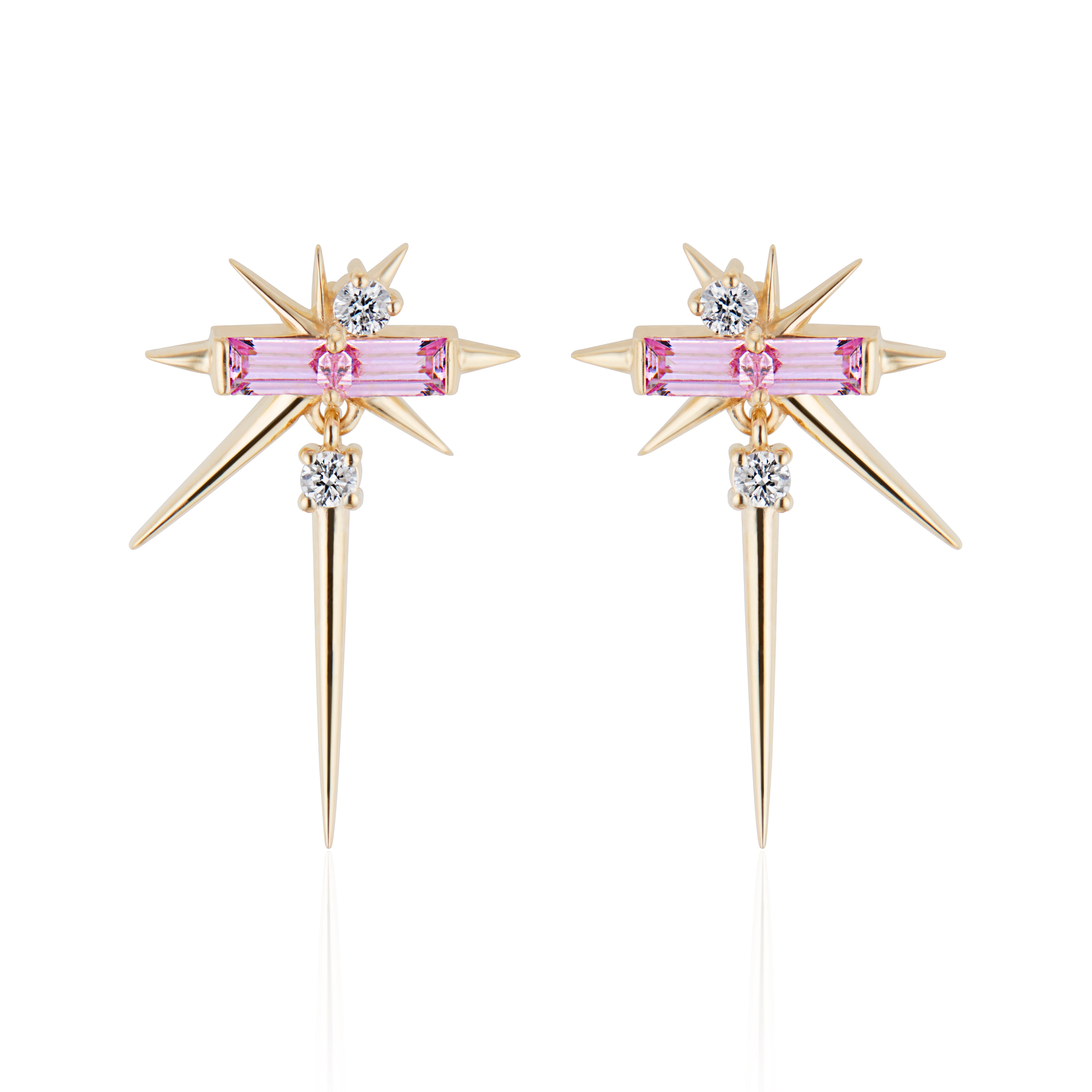 Gold star-shaped earrings with pink sapphire baguettes and small round diamonds on a white background.