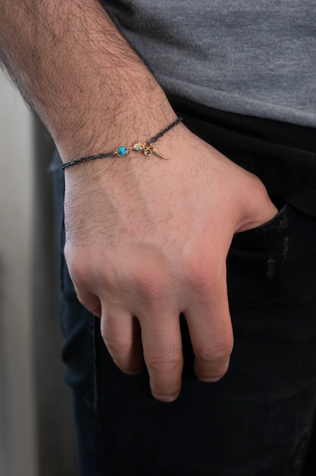 14ct Rose Gold - Oxidized Silver, Skull - Turquoise - Black Diamond Bracelet