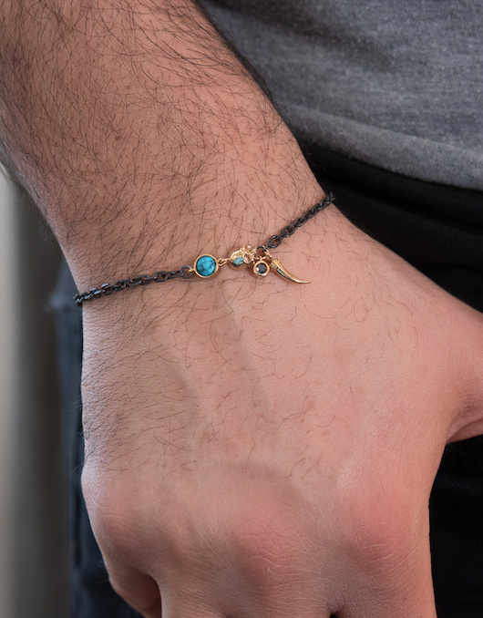 14ct Yellow Gold - Oxidized Silver, Skull - Turquoise - Black Diamond Bracelet