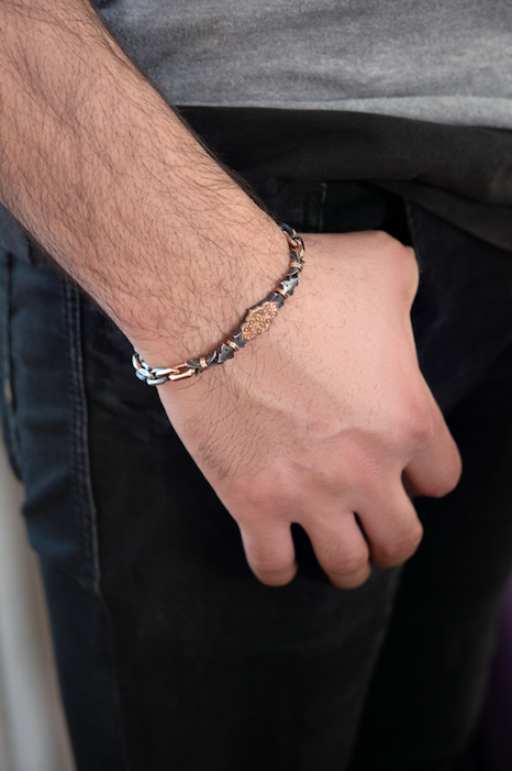 14Ct Rose Gold - Oxidized Sterling Silver Filigree Pattern Link Bracelet