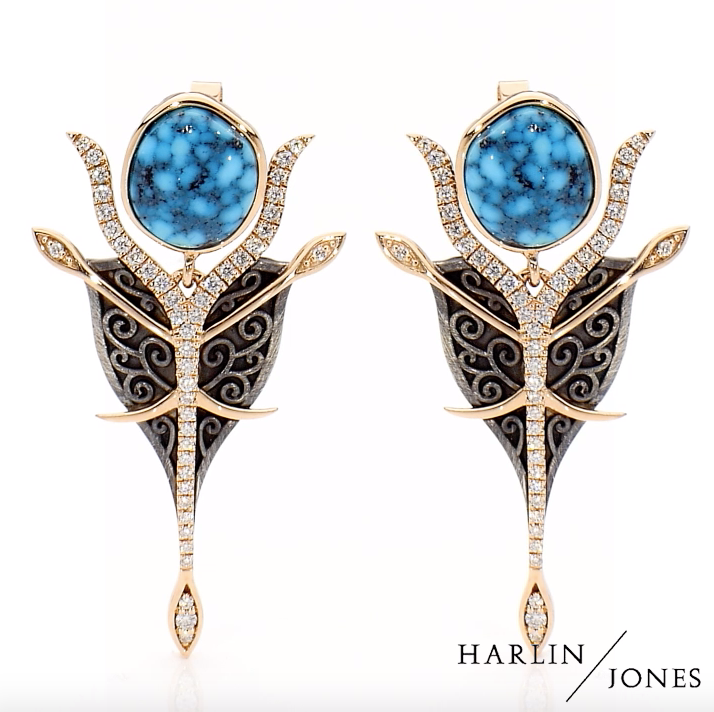 18ct Rose Gold - Oxidized Silver Ithaca Peak Turquoise - Diamond Drop Earrings