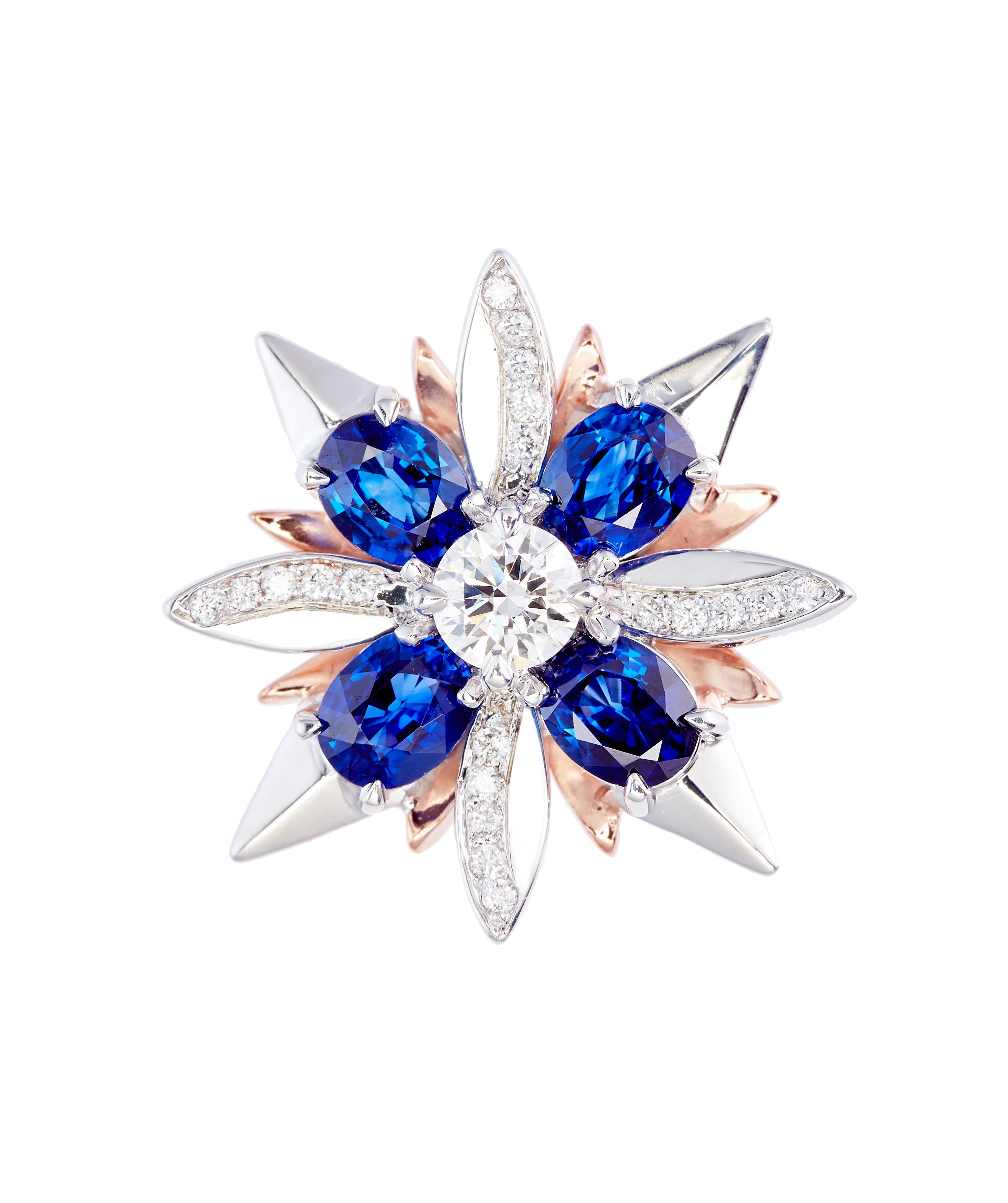 18ct White - Rose Gold Ceylon Sapphire - Diamond Petal Ring