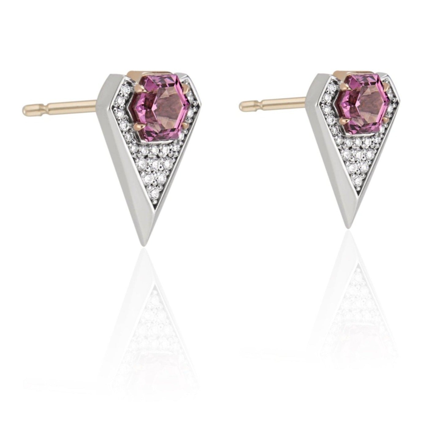 A pair of chevron-shaped silver earrings with pink stones and small diamonds.