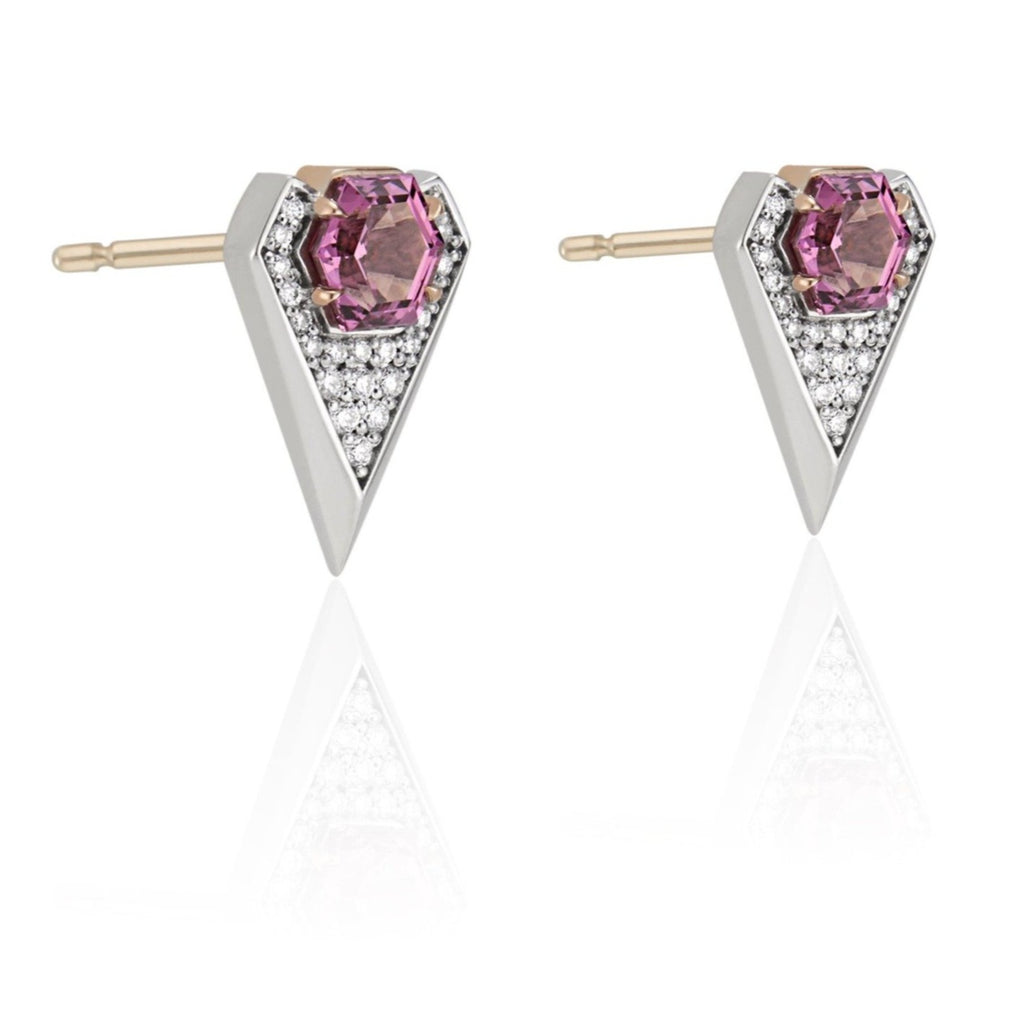 A pair of chevron-shaped silver earrings with pink stones and small diamonds.