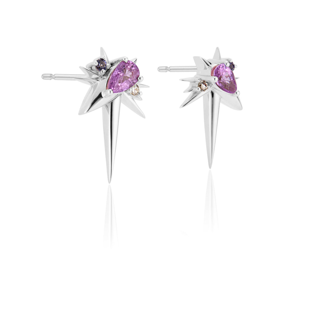 White Gold - Pink Sapphire & Diamond Drop Earrings - Spike Earrings