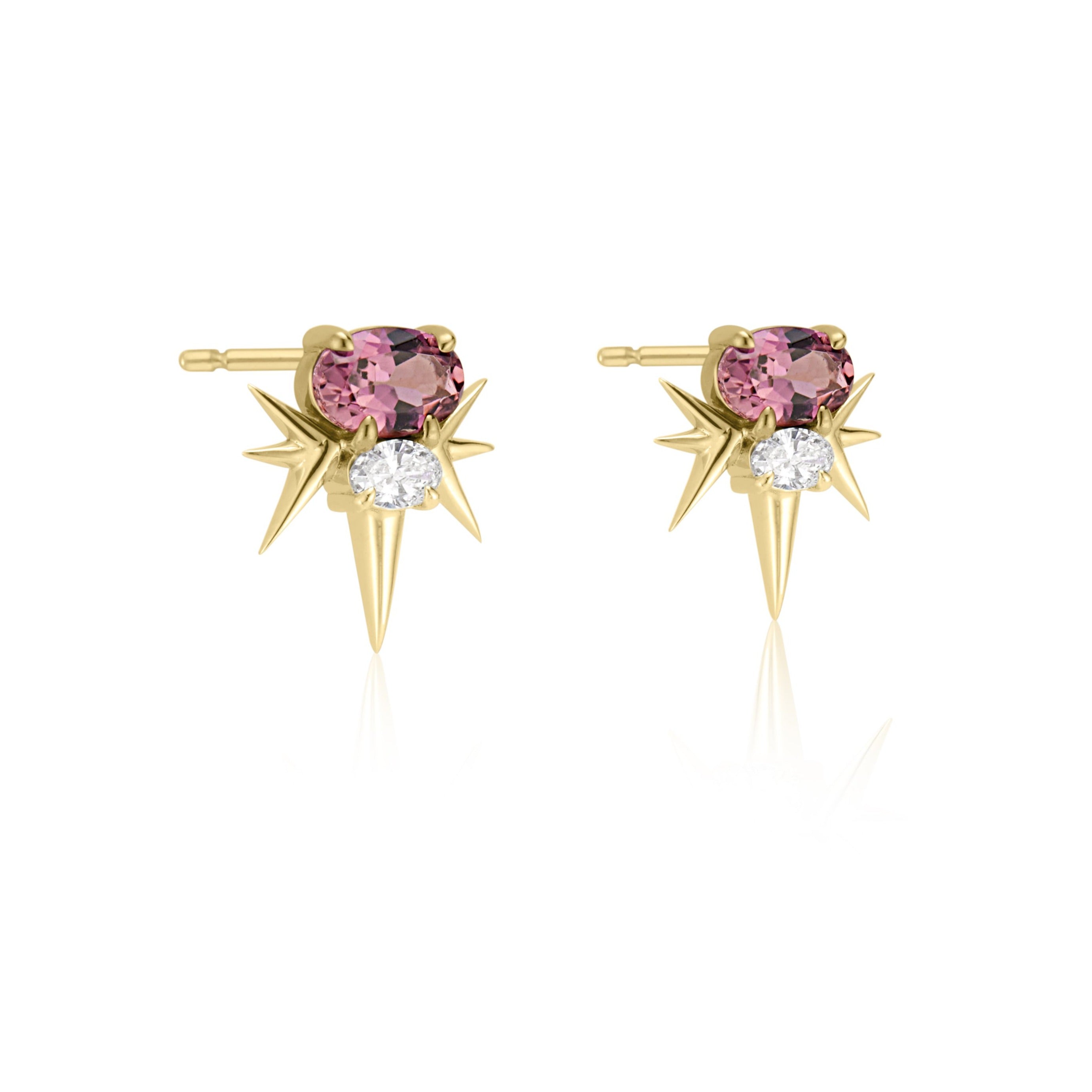 Gold starburst earrings with pink center stone and diamond accent.