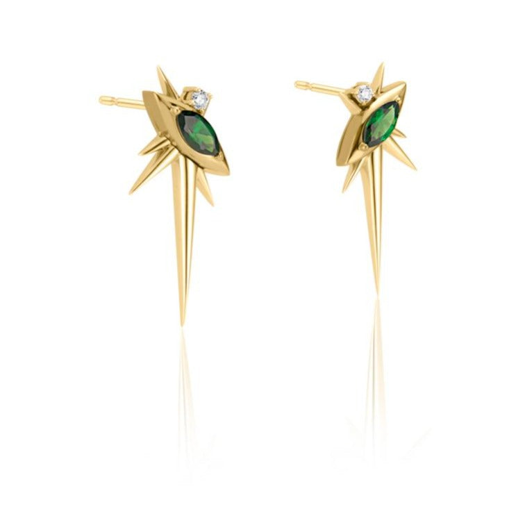 Gold earrings with green gemstone and diamond detail, starburst design.