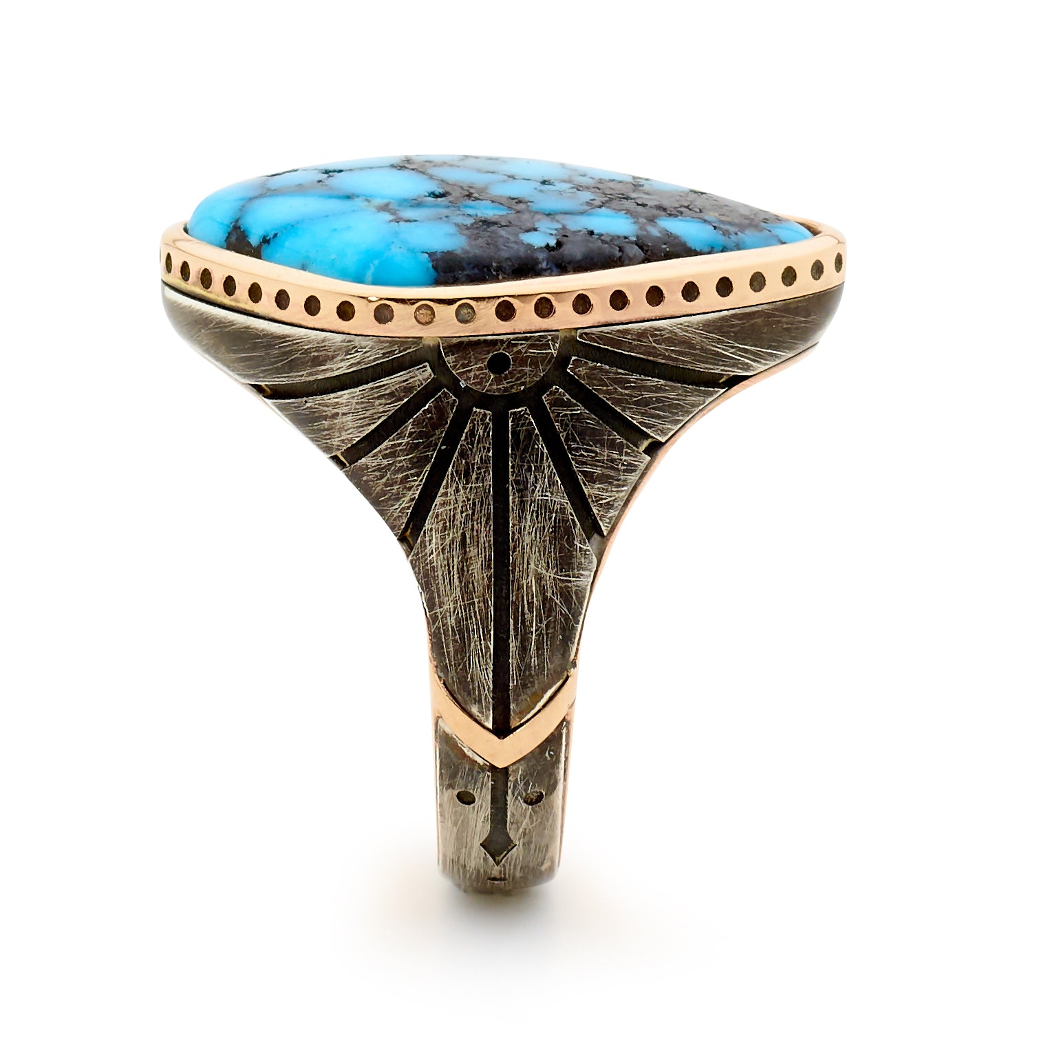 Mens 18ct Rose Gold - Ozidized Silver - Ithaca Peak Turquoise Wedding Band