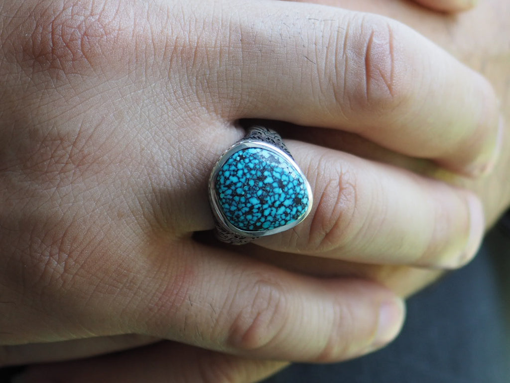 Silver Black webbed Kingman Turquoise Ring - Thunderbird