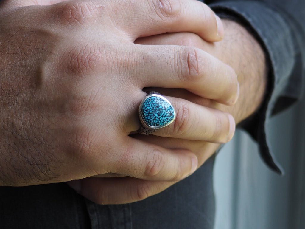 Silver Black webbed Kingman Turquoise Ring - Thunderbird