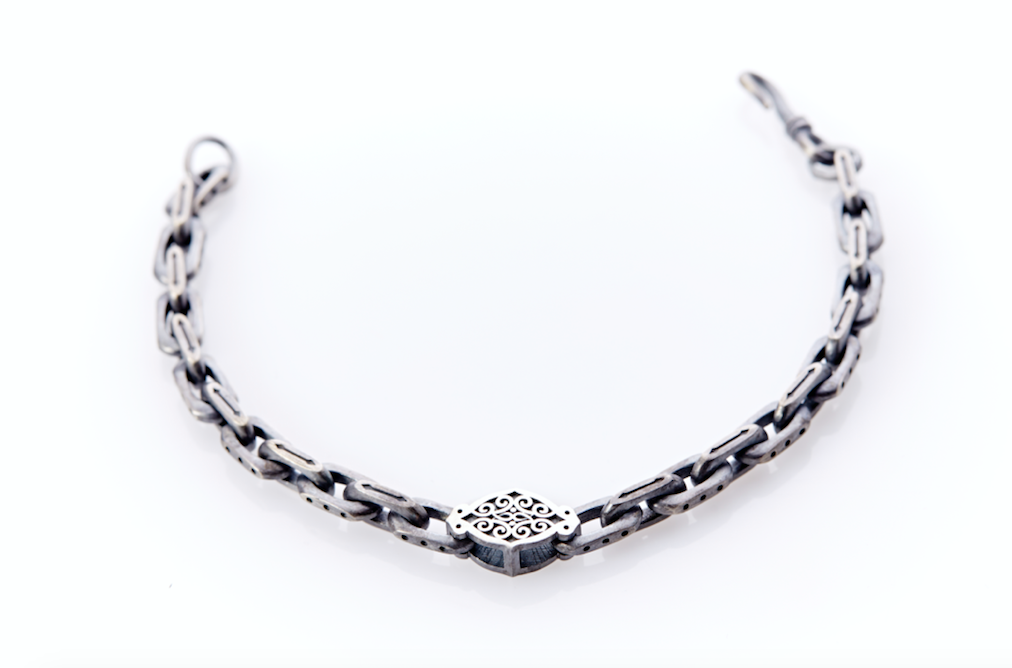 Oxidised Sterling Silver Linked Bracelet Arabesque Pattern Centre Plate