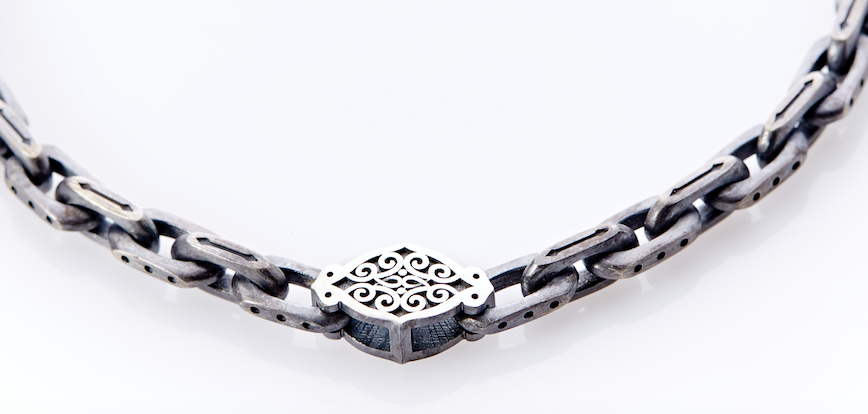 Oxidised Sterling Silver Linked Bracelet Arabesque Pattern Centre Plate