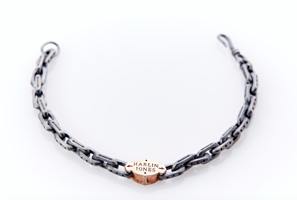 14ct Rose Gold - Oxidised Sterling Silver Linked Bracelet Arabesque Pattern Centre Plate