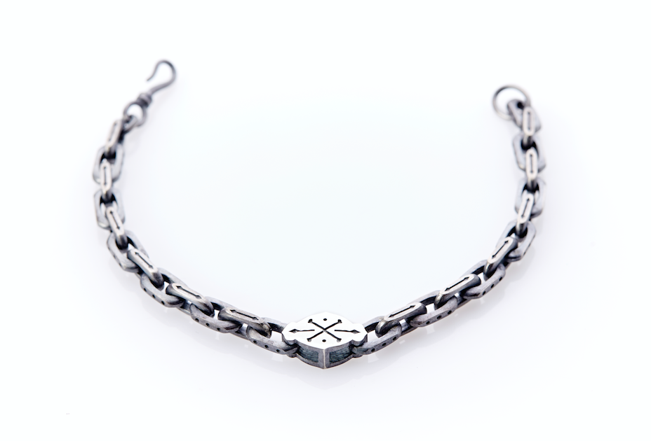 Oxidised Sterling Silver Linked Bracelet / Cross-Bones Centre Plate