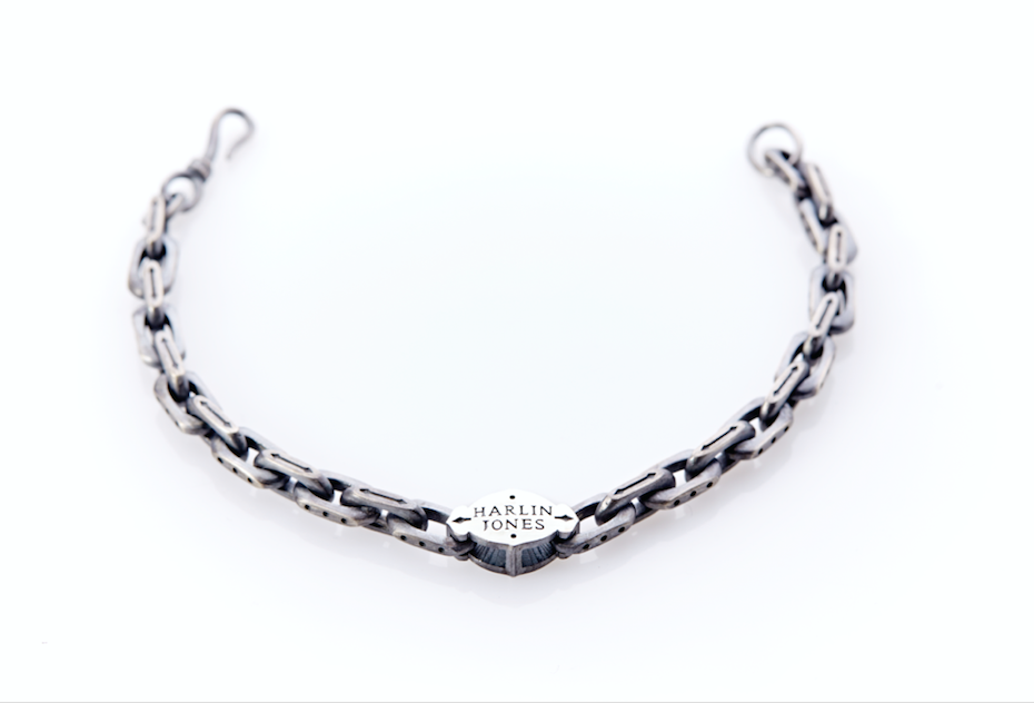 Oxidised Sterling Silver Linked Bracelet / Cross-Bones Centre Plate